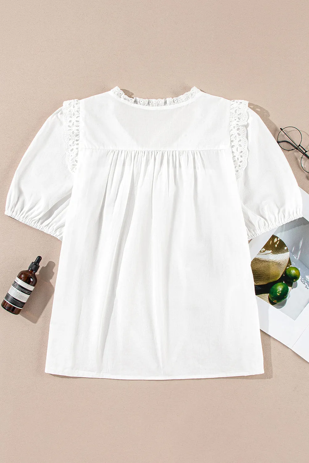 White Embroidered Lace Patchwork Tie Neck Puff Short Sleeve Blouse