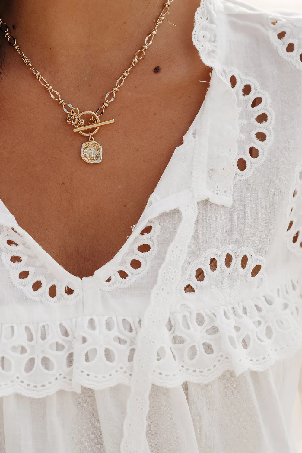 White Embroidered Lace Patchwork Tie Neck Puff Short Sleeve Blouse