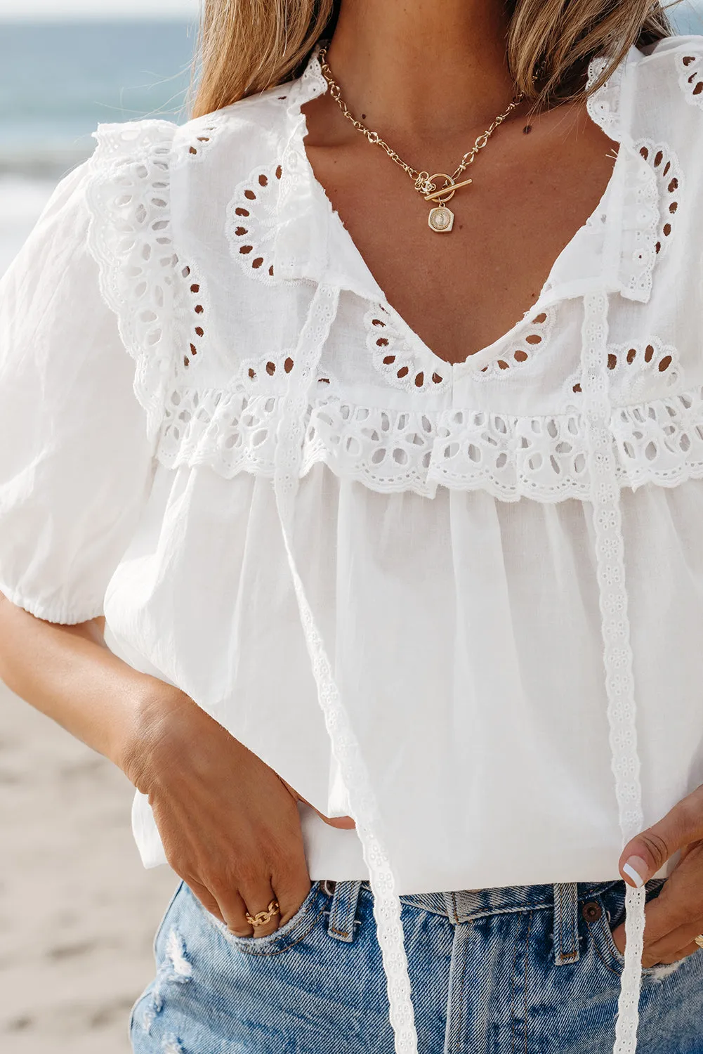 White Embroidered Lace Patchwork Tie Neck Puff Short Sleeve Blouse