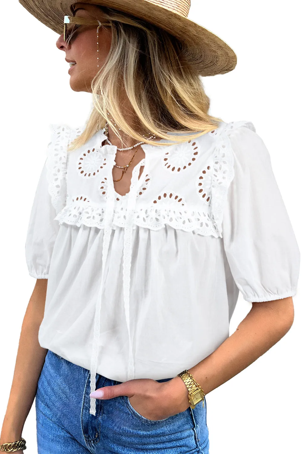 White Embroidered Lace Patchwork Tie Neck Puff Short Sleeve Blouse