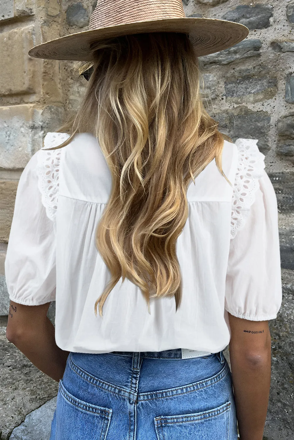 White Embroidered Lace Patchwork Tie Neck Puff Short Sleeve Blouse