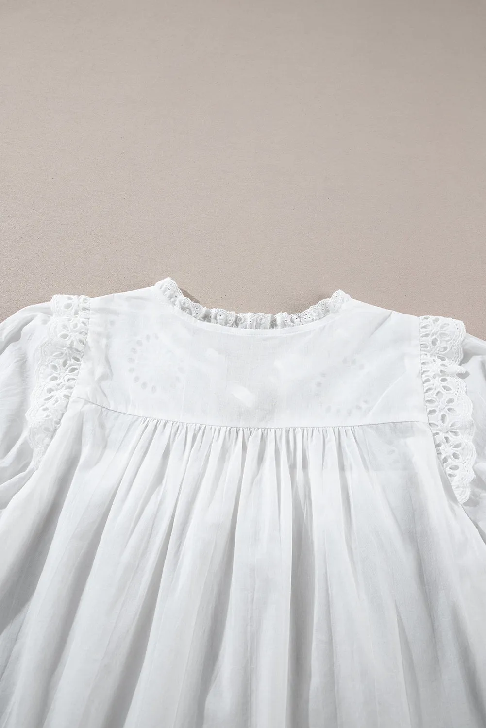 White Embroidered Lace Patchwork Tie Neck Puff Short Sleeve Blouse