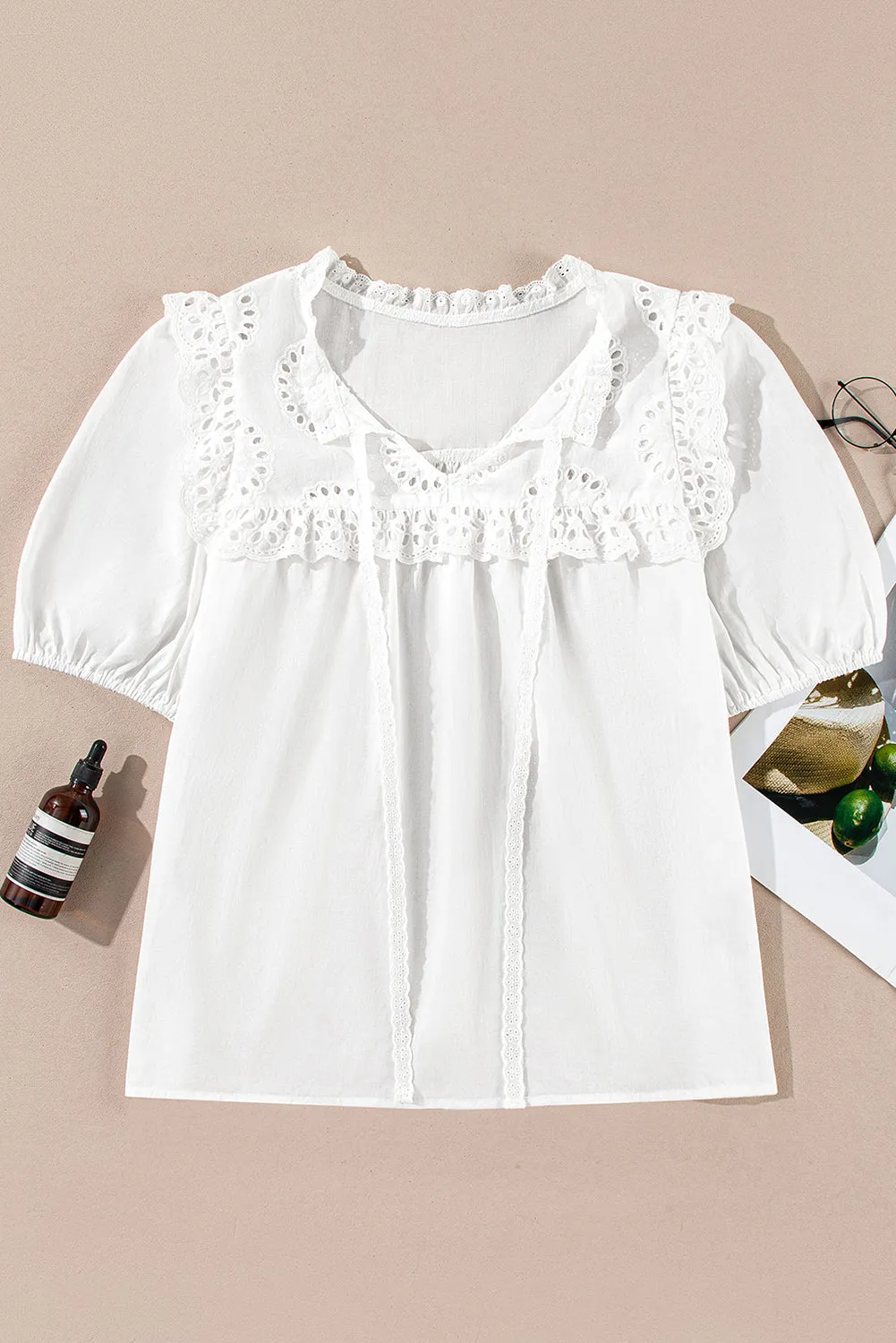 White Embroidered Lace Patchwork Tie Neck Puff Short Sleeve Blouse