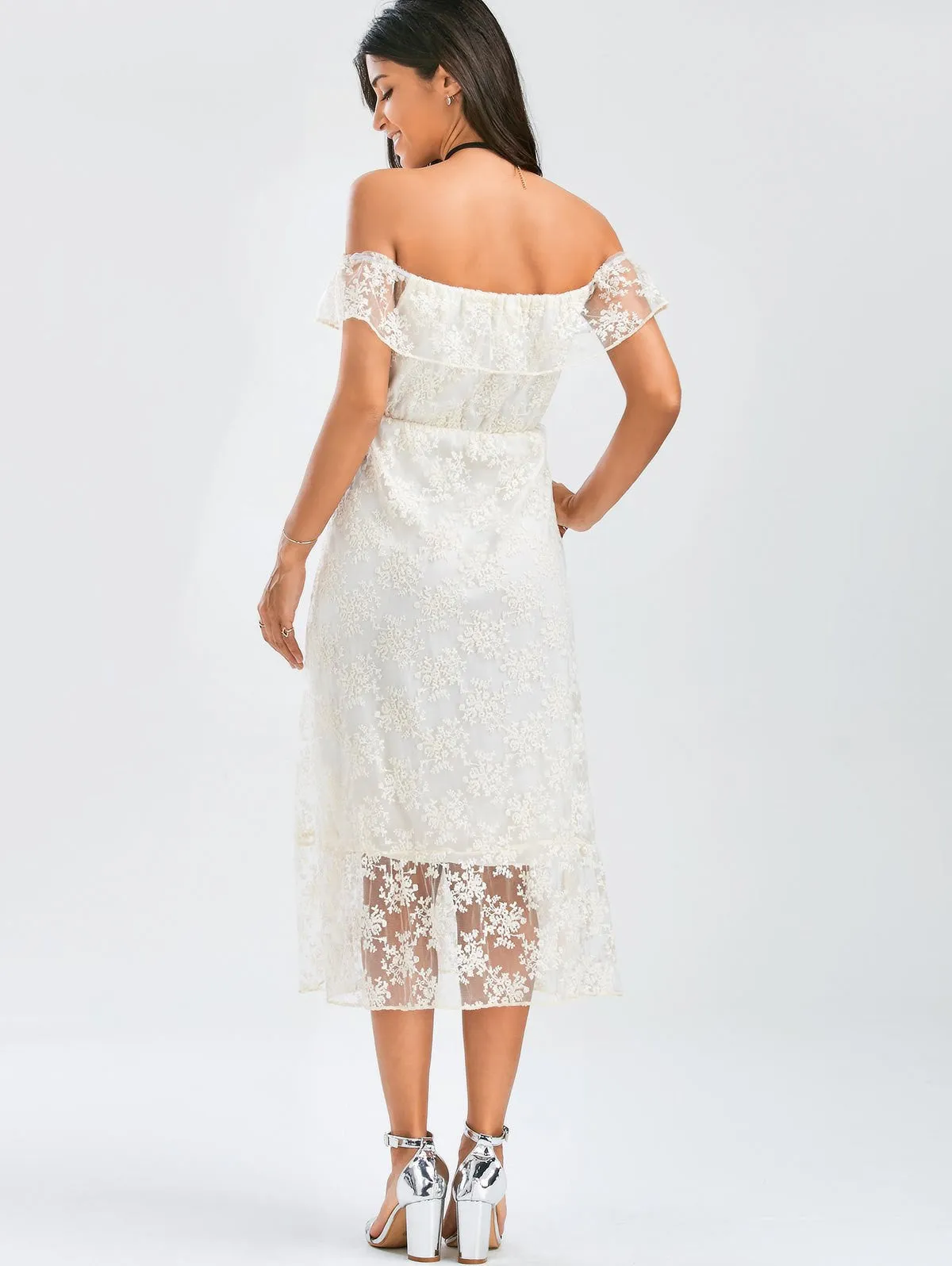 White Off Shoulder Ruffle Lace Wedding Dress