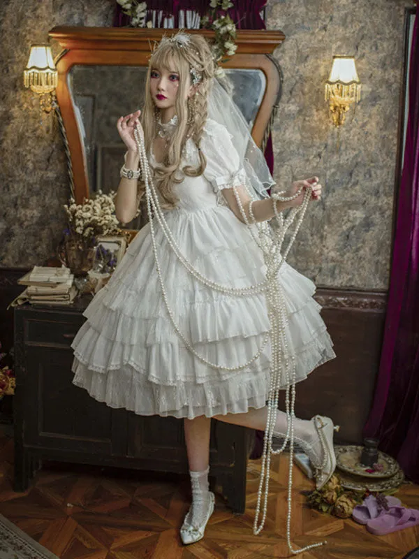 White Sweet Lolita OP Dress Neverland Cascading Ruffles Bows Floral Print Short Sleeves Lolita One Piece Dresses
