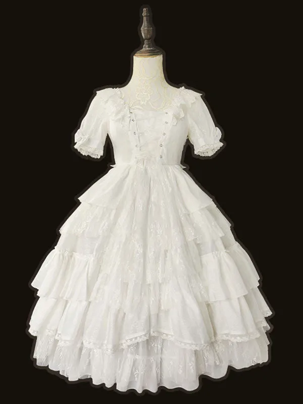 White Sweet Lolita OP Dress Neverland Cascading Ruffles Bows Floral Print Short Sleeves Lolita One Piece Dresses
