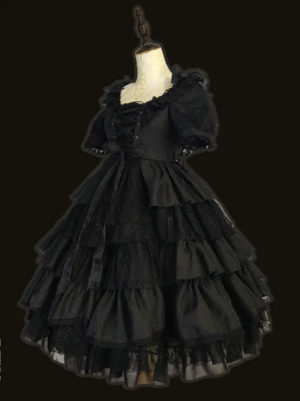White Sweet Lolita OP Dress Neverland Cascading Ruffles Bows Floral Print Short Sleeves Lolita One Piece Dresses