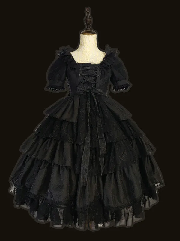 White Sweet Lolita OP Dress Neverland Cascading Ruffles Bows Floral Print Short Sleeves Lolita One Piece Dresses