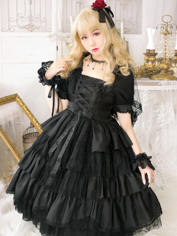 White Sweet Lolita OP Dress Neverland Cascading Ruffles Bows Floral Print Short Sleeves Lolita One Piece Dresses