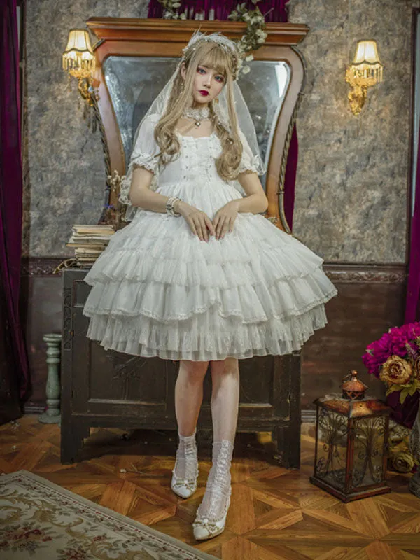 White Sweet Lolita OP Dress Neverland Cascading Ruffles Bows Floral Print Short Sleeves Lolita One Piece Dresses