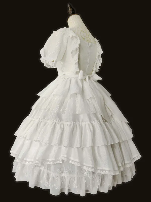 White Sweet Lolita OP Dress Neverland Cascading Ruffles Bows Floral Print Short Sleeves Lolita One Piece Dresses