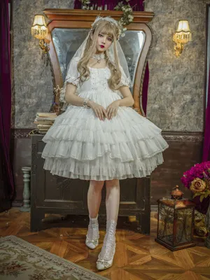 White Sweet Lolita OP Dress Neverland Cascading Ruffles Bows Floral Print Short Sleeves Lolita One Piece Dresses