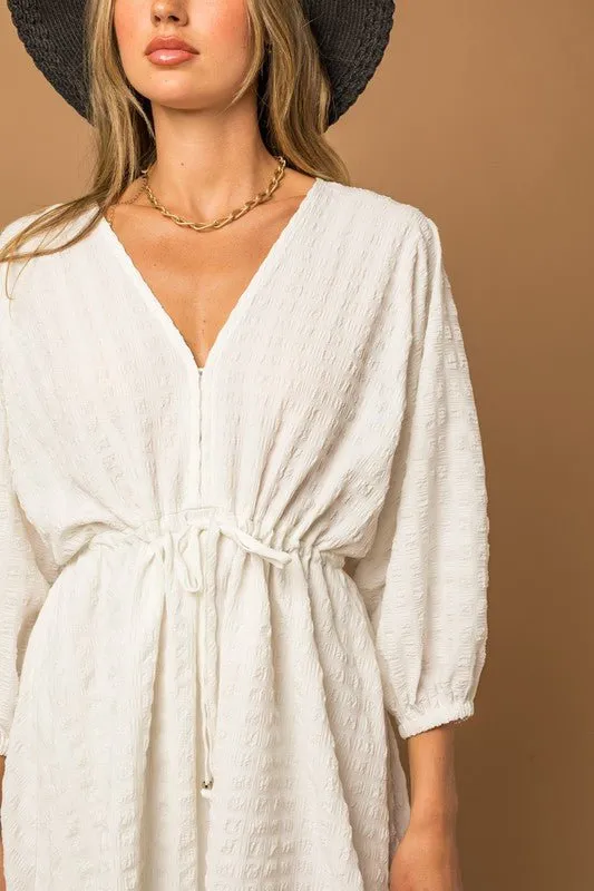 White Textured Drawstring Detail Dress