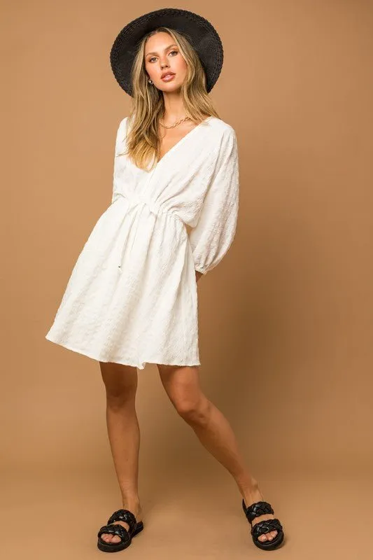 White Textured Drawstring Detail Dress