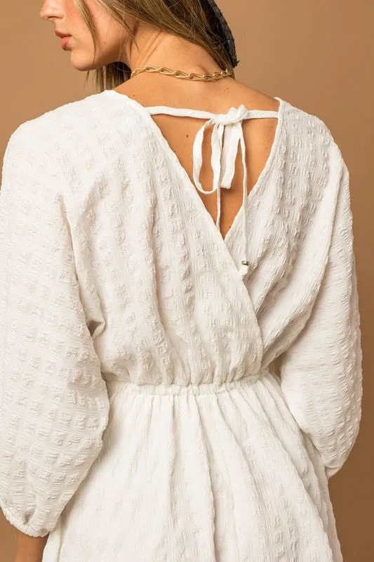 White Textured Drawstring Detail Dress