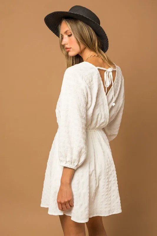 White Textured Drawstring Detail Dress