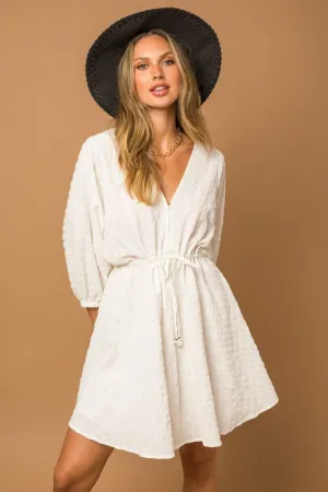White Textured Drawstring Detail Dress