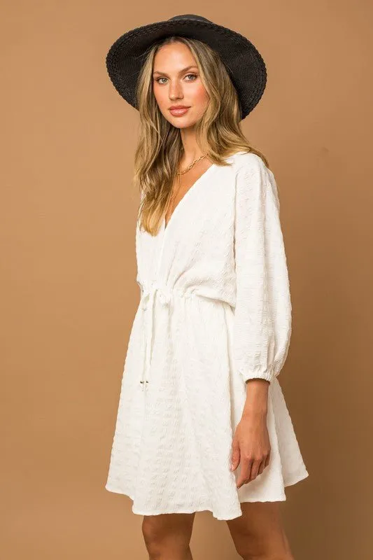White Textured Drawstring Detail Dress