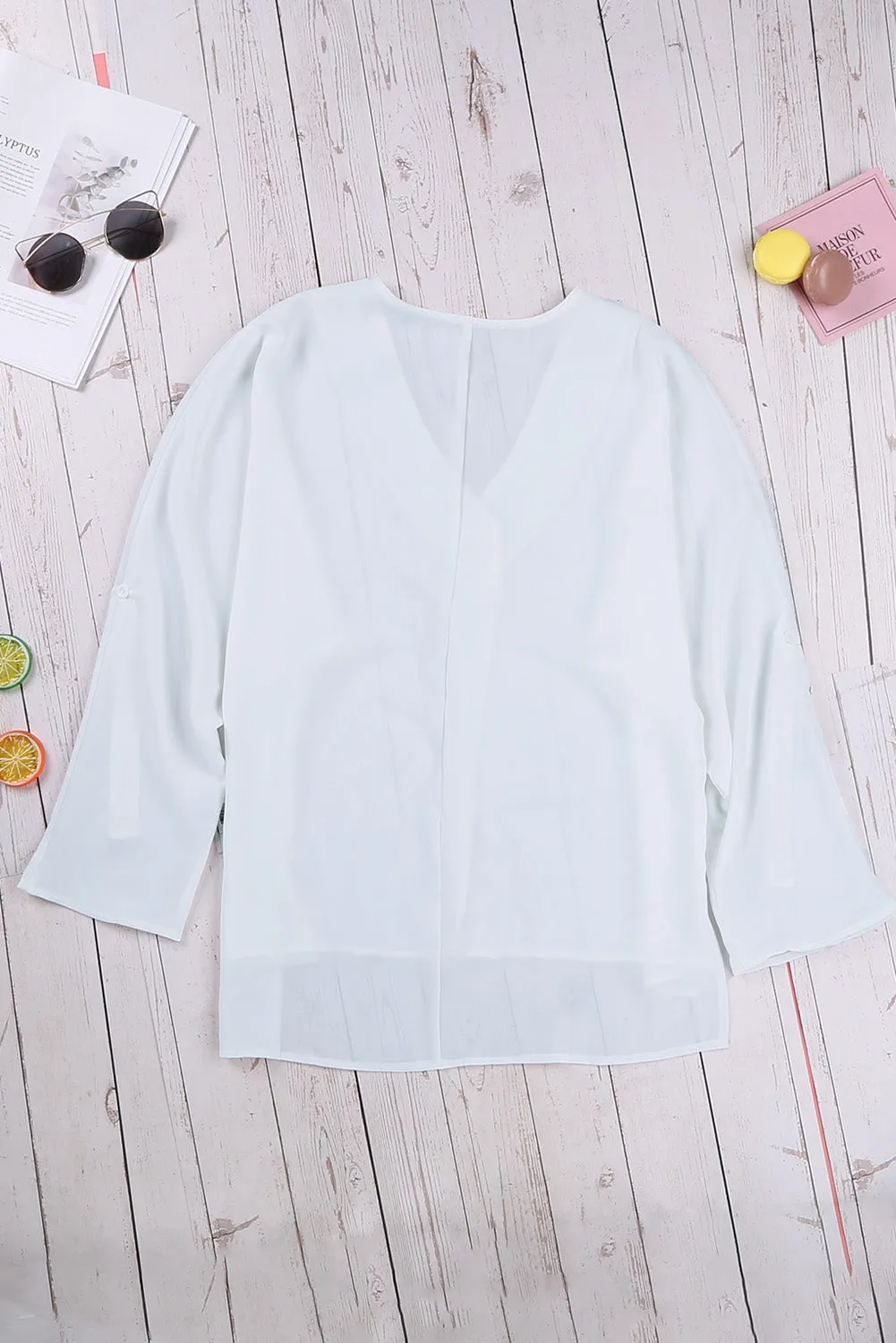 White V Neck 3/4 Sleeve High Low Hem Shirt