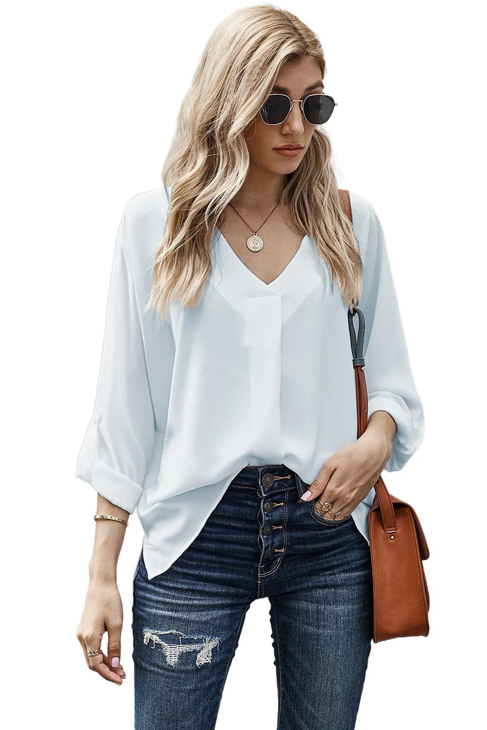 White V Neck 3/4 Sleeve High Low Hem Shirt
