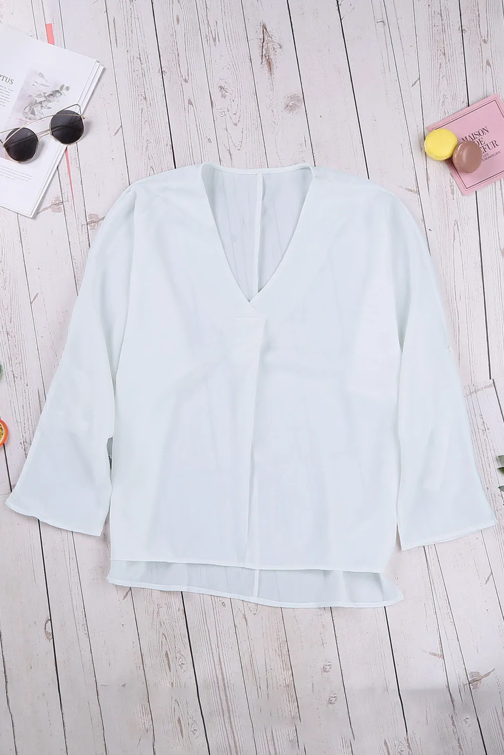 White V Neck 3/4 Sleeve High Low Hem Shirt