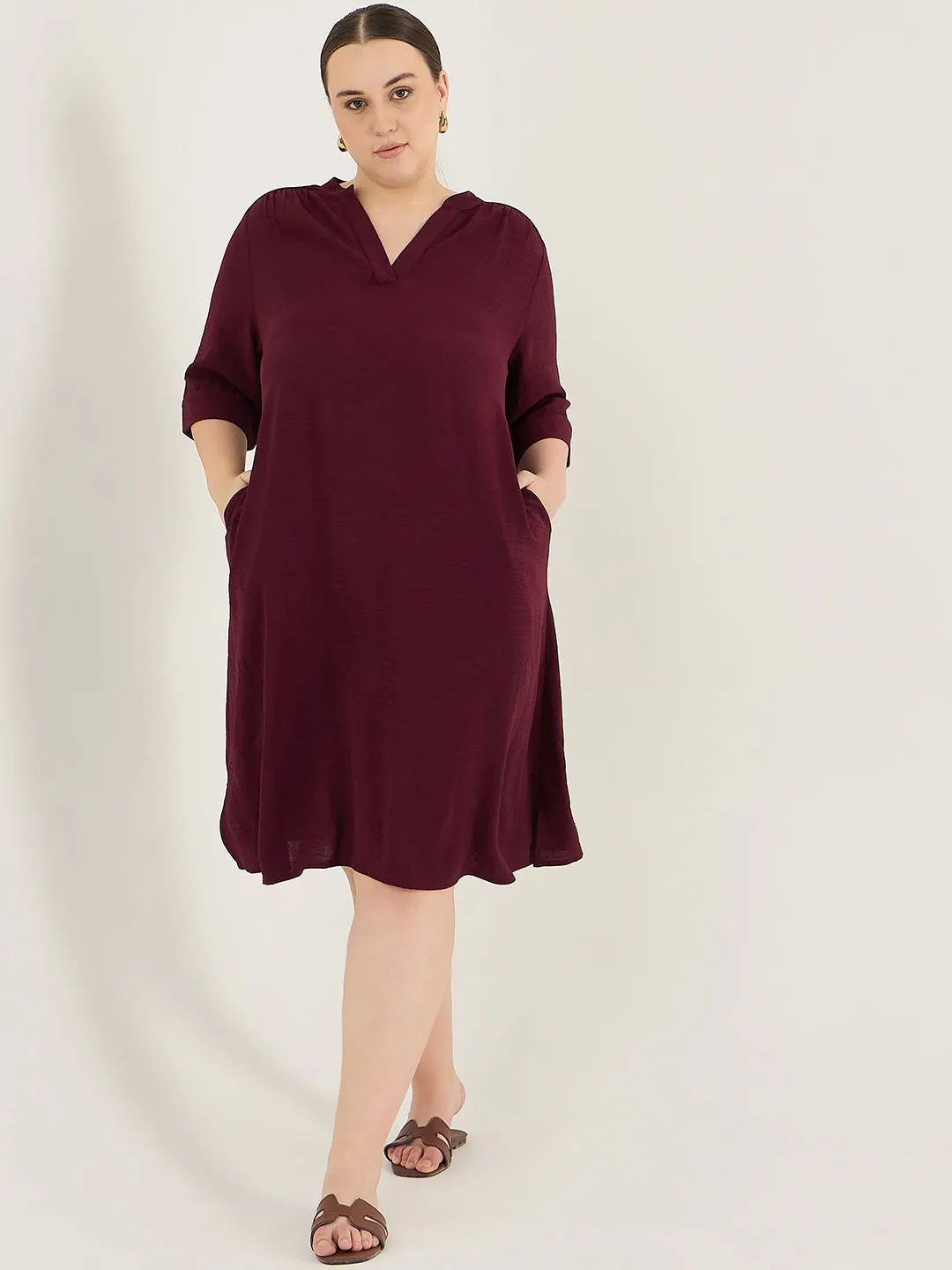 Wine Pleat Detail Midi Dress