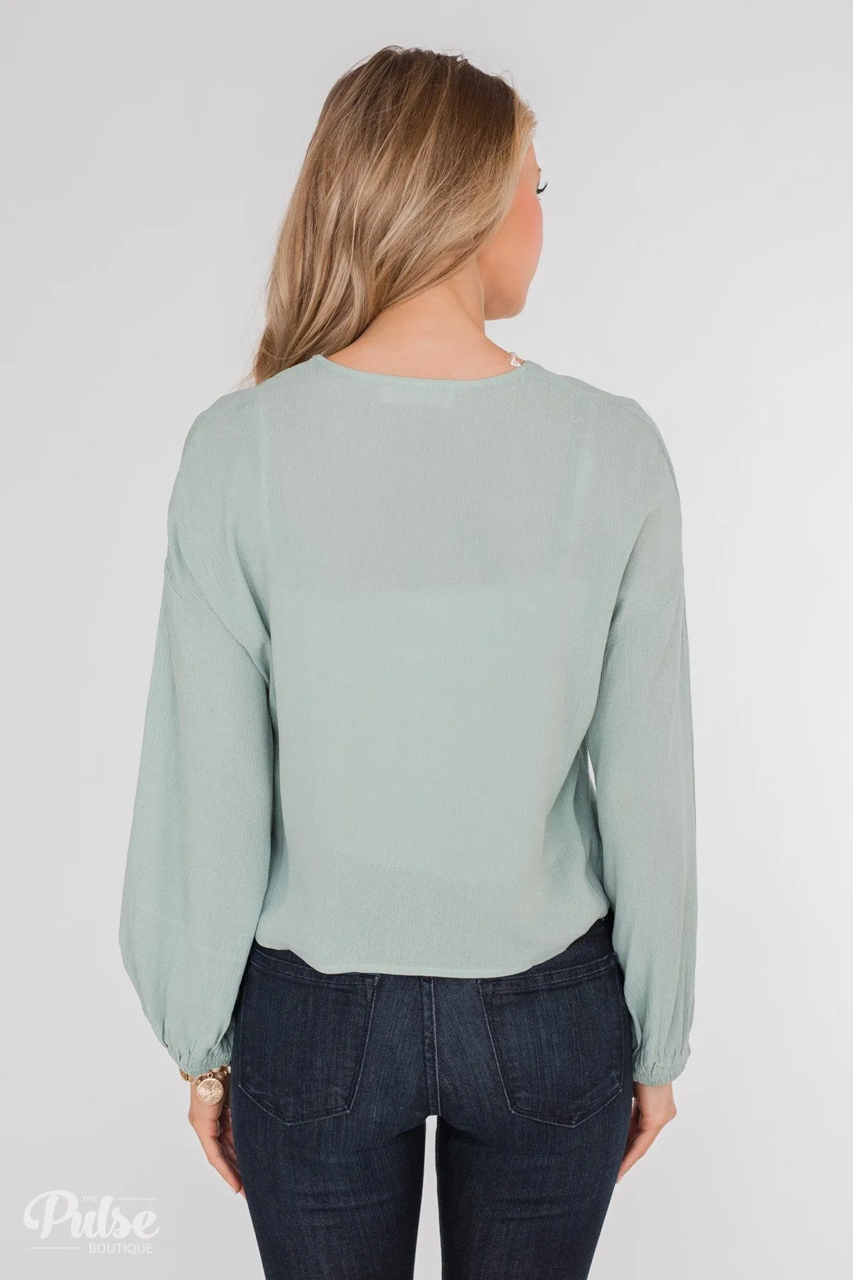 With or Without You V-Neck Button Blouse- Sage