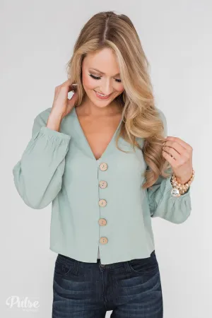 With or Without You V-Neck Button Blouse- Sage