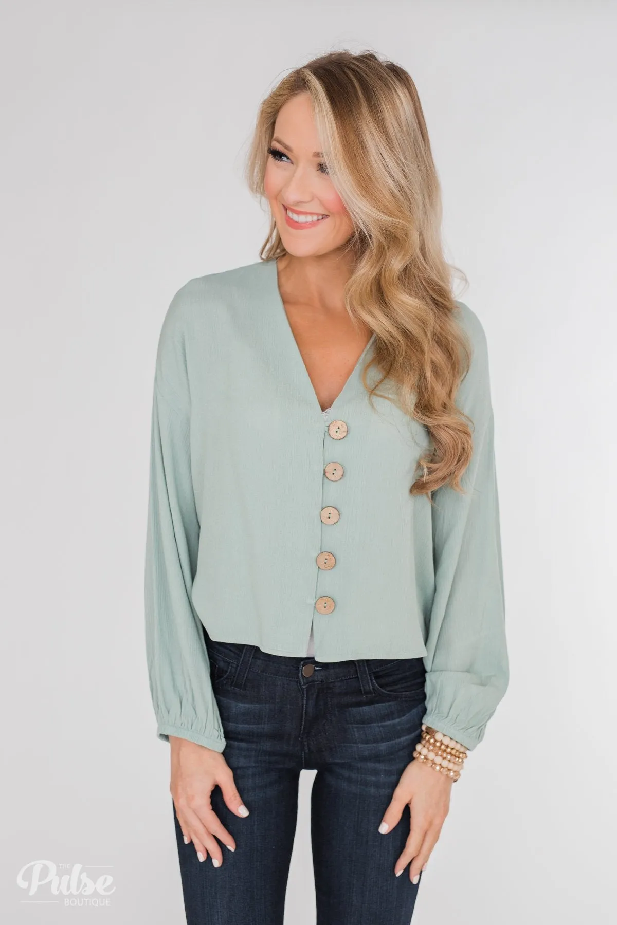 With or Without You V-Neck Button Blouse- Sage
