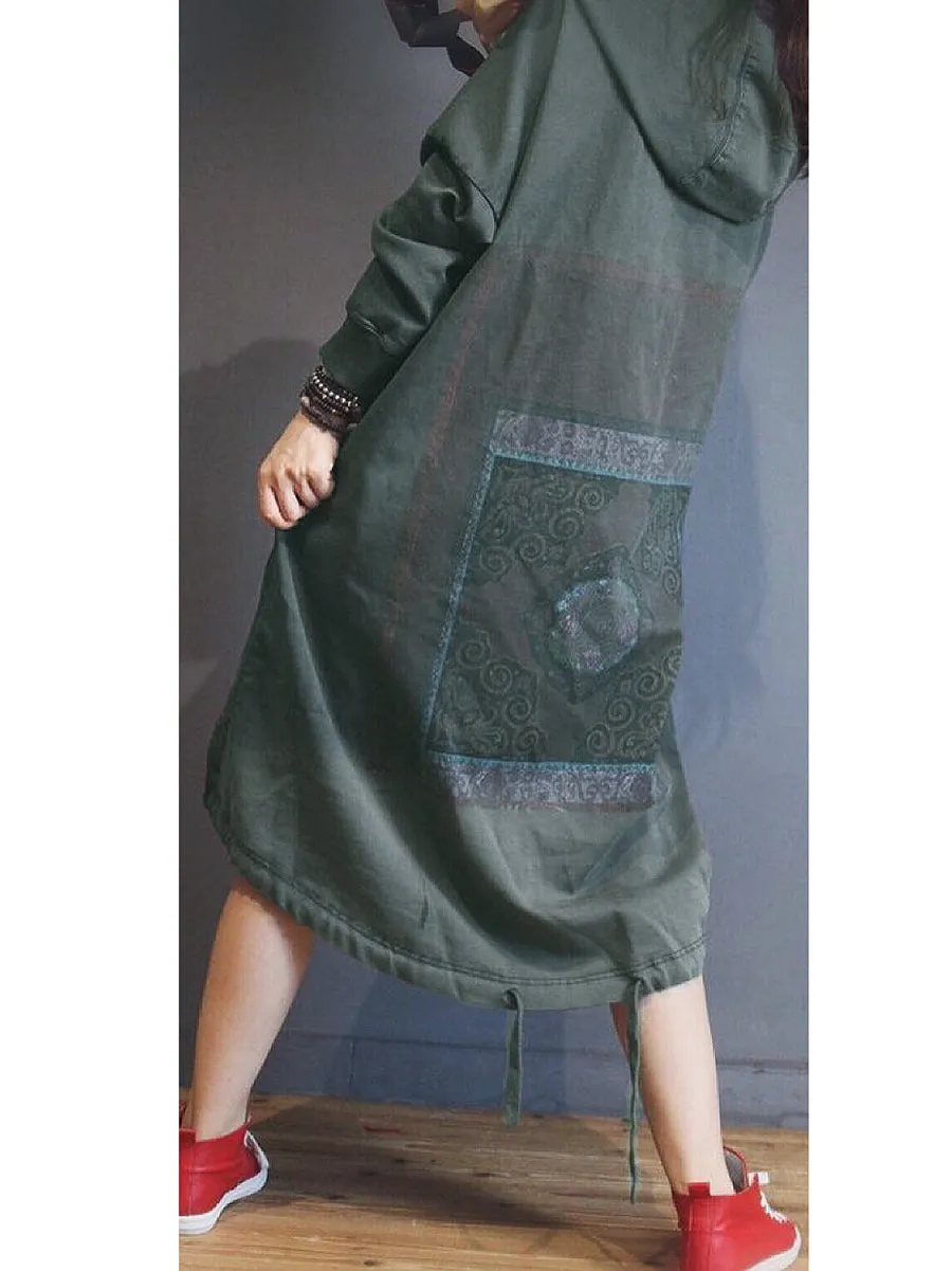 Women Ethnic Autumn Flower Hooded Dress