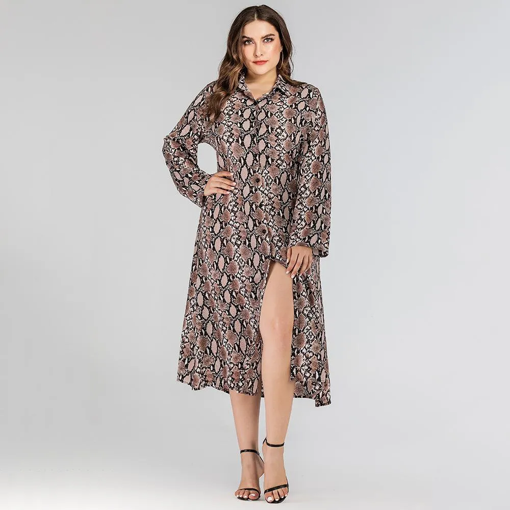 Women Fashion Casual Snake Print Split Fall Long Sleeve Dresses