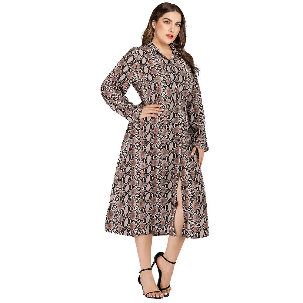 Women Fashion Casual Snake Print Split Fall Long Sleeve Dresses