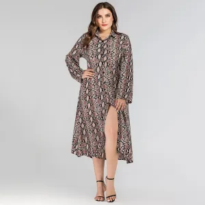 Women Fashion Casual Snake Print Split Fall Long Sleeve Dresses
