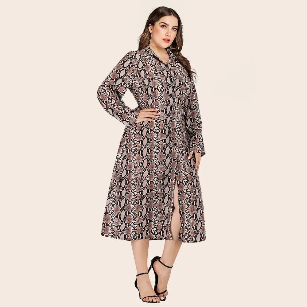 Women Fashion Casual Snake Print Split Fall Long Sleeve Dresses