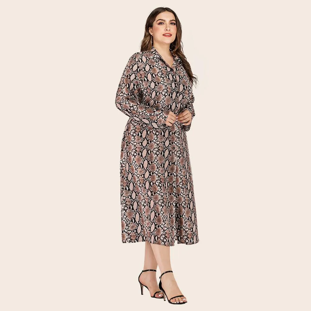 Women Fashion Casual Snake Print Split Fall Long Sleeve Dresses