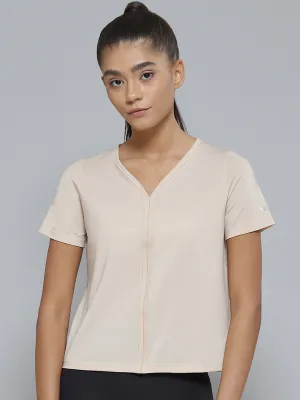 Women Nude-Coloured V-Neck Sports T-shirt