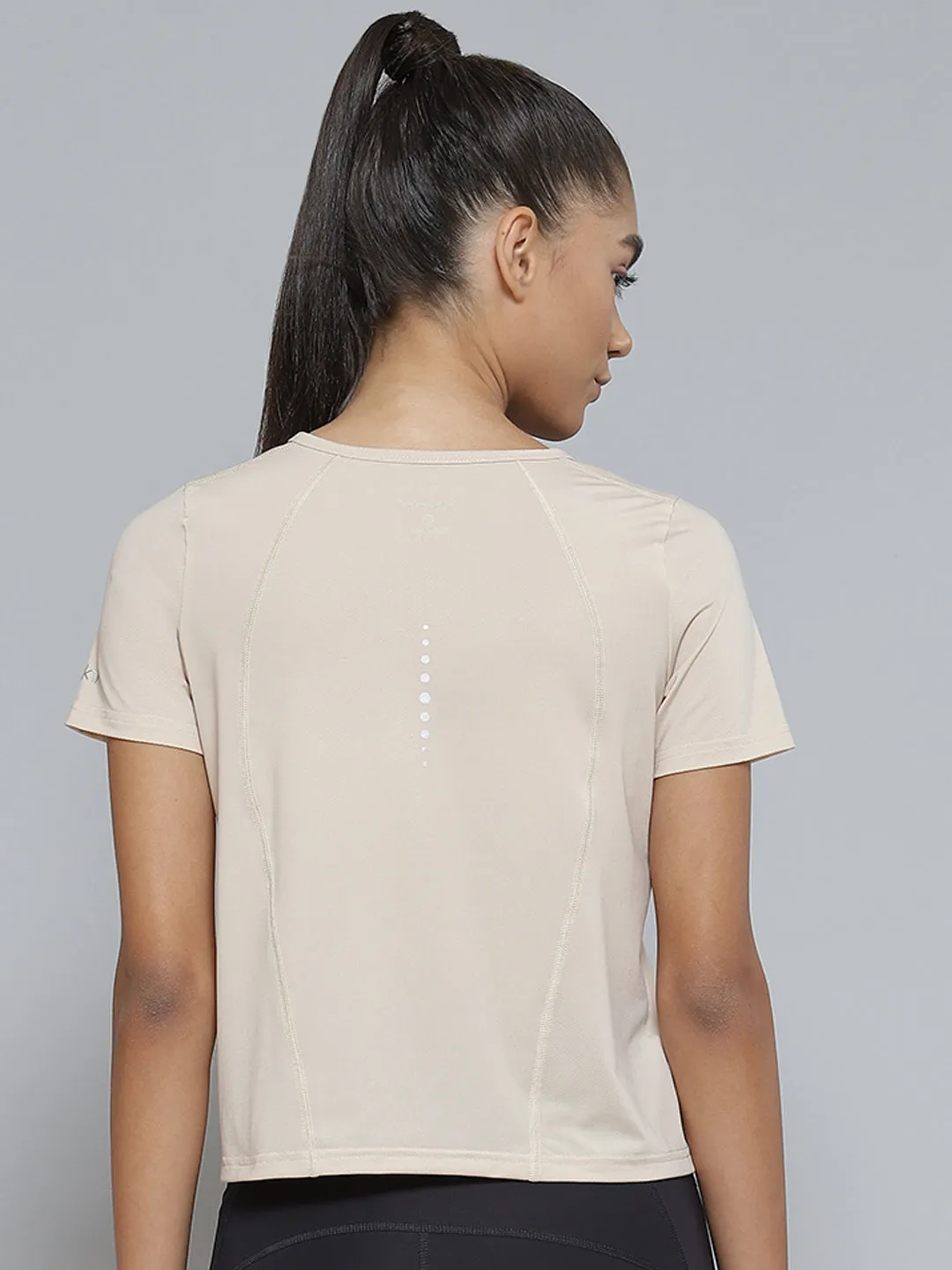 Women Nude-Coloured V-Neck Sports T-shirt