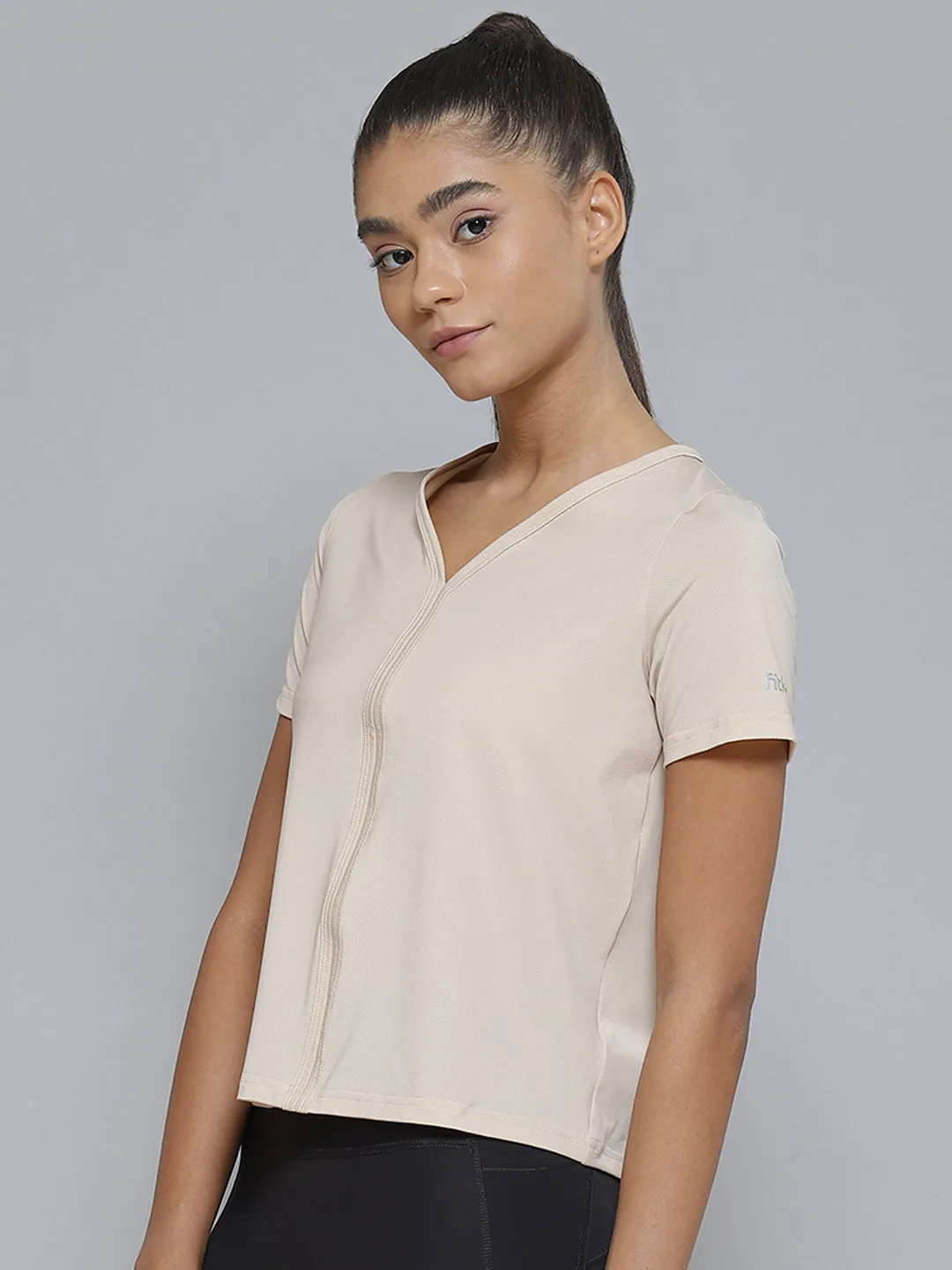 Women Nude-Coloured V-Neck Sports T-shirt