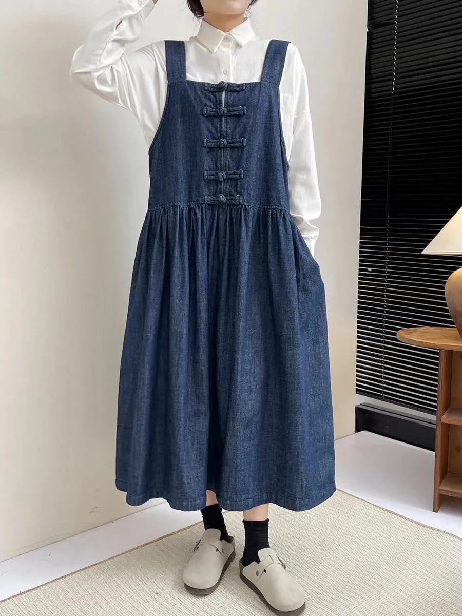 Women Spring Vintage Buckle Denim Vest Dress