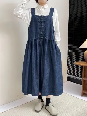 Women Spring Vintage Buckle Denim Vest Dress