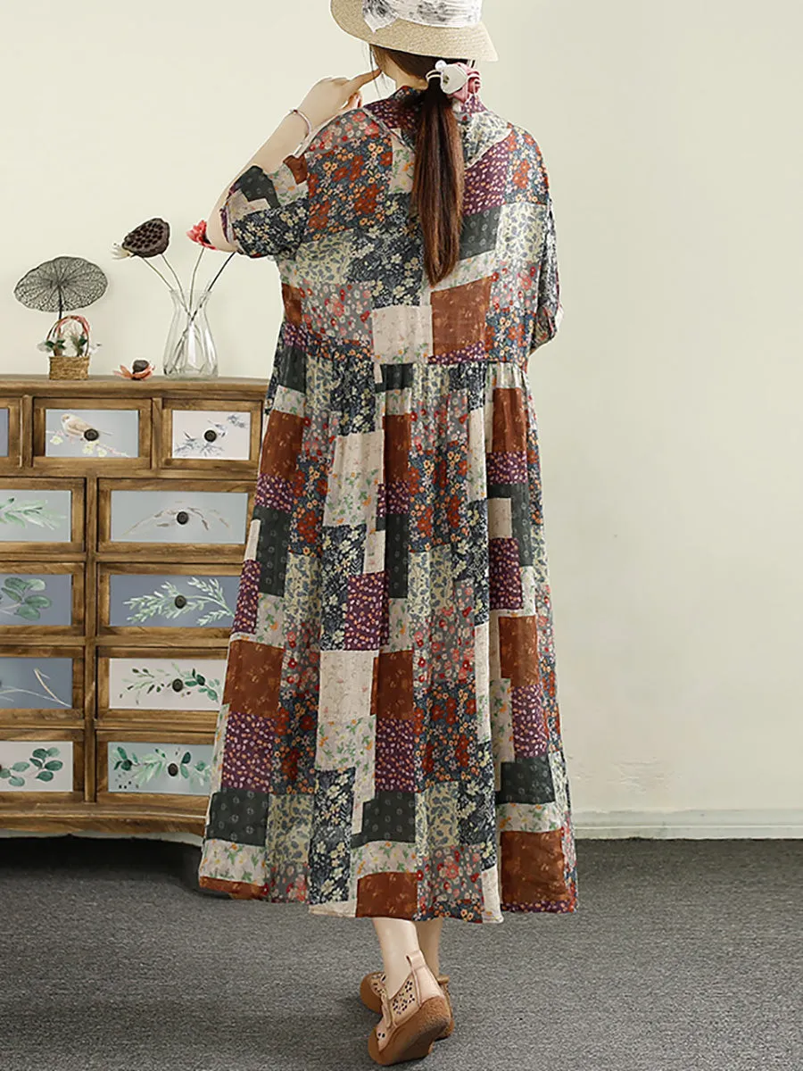 Women Summer Vintage Shirred V-Neck Ramie Loose Dress
