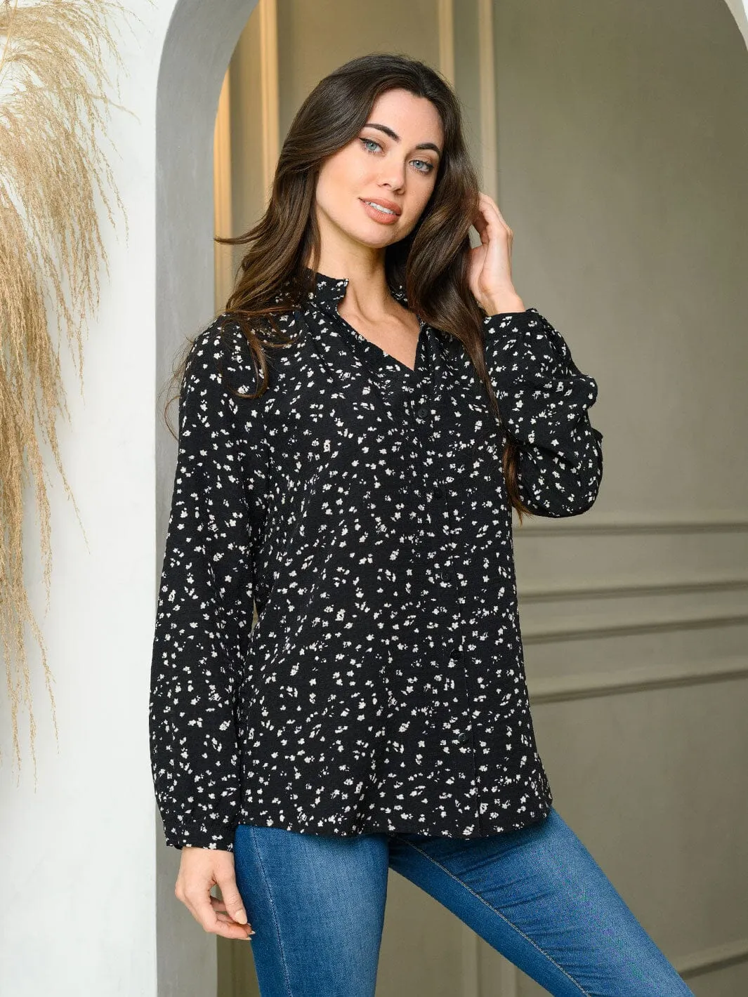 WOMEN'S LONG SLEEVE V-NECK ANIMAL PRINT BLOUSE TOP