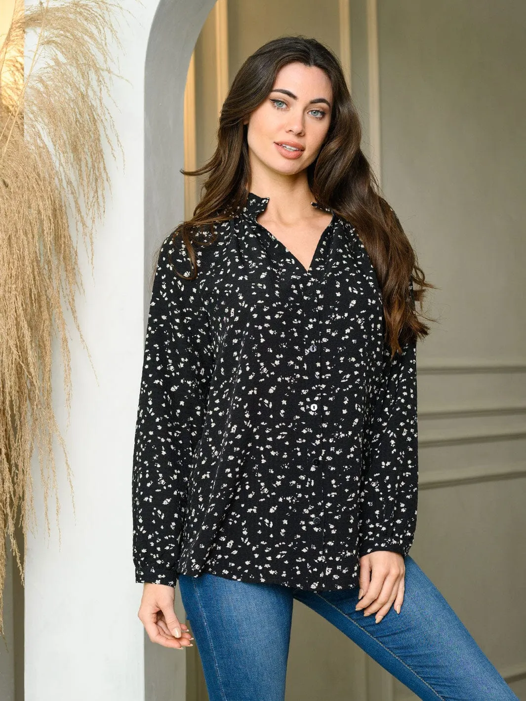 WOMEN'S LONG SLEEVE V-NECK ANIMAL PRINT BLOUSE TOP