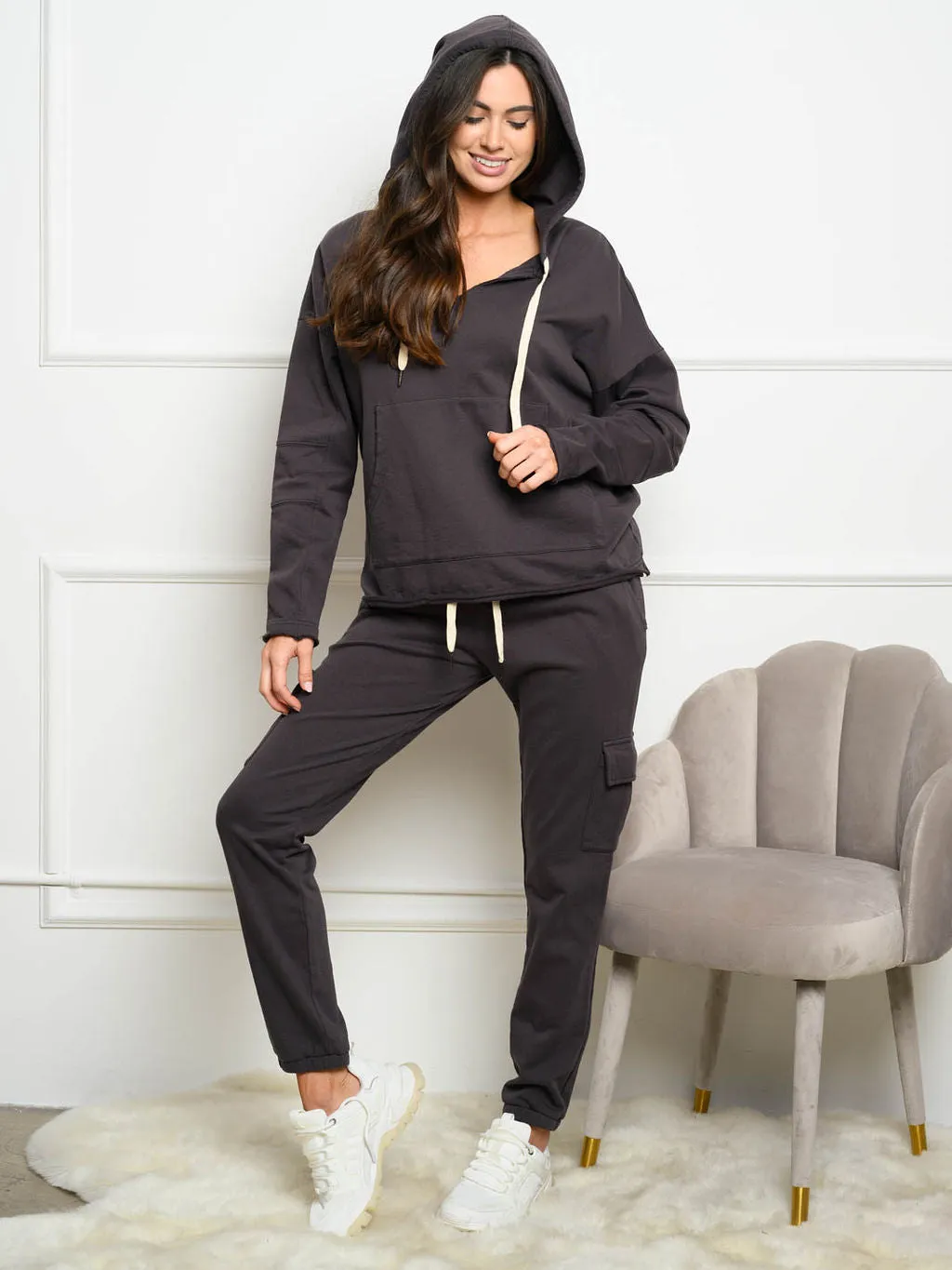 WOMEN'S SOLID CARGO SELF TIE 2PC. JOGGER SET
