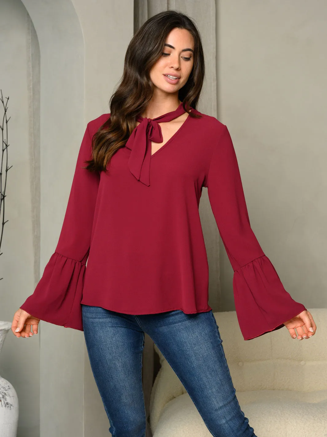 WOMEN'S TIE V-NECK BELL LONG SLEEVE TOP
