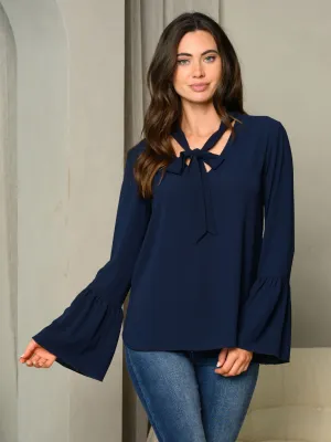 WOMEN'S TIE V-NECK BELL LONG SLEEVE TOP