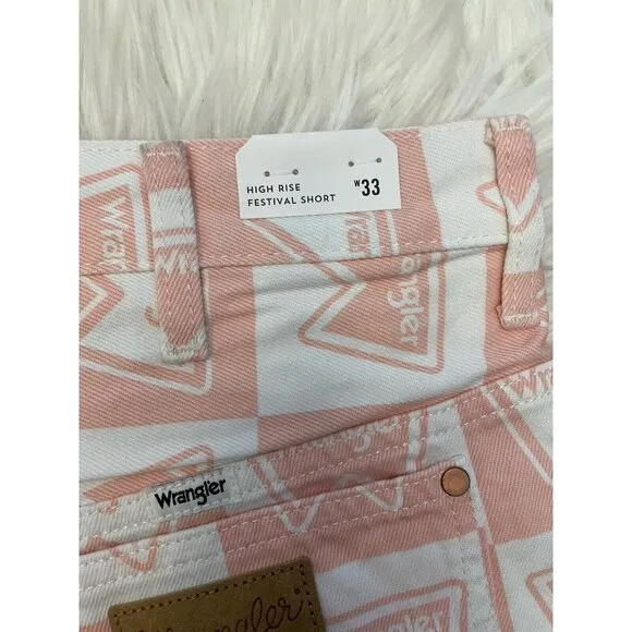 Wrangler‎ High Rise Festival Denim Shorts Signature Print Pink White Size 33 New