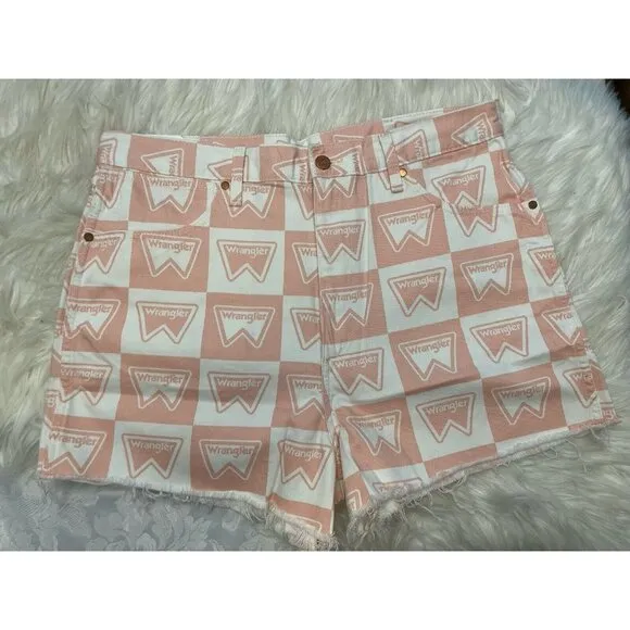 Wrangler‎ High Rise Festival Denim Shorts Signature Print Pink White Size 33 New