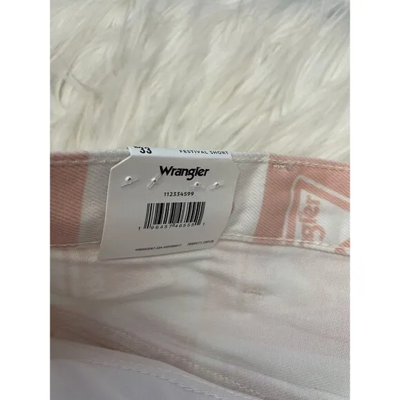 Wrangler‎ High Rise Festival Denim Shorts Signature Print Pink White Size 33 New