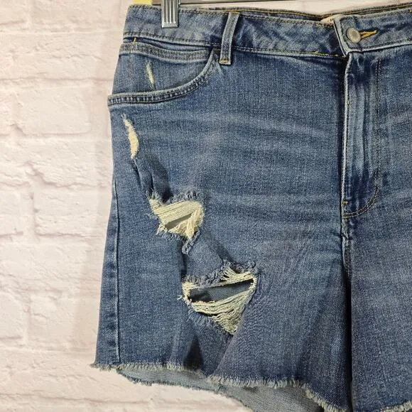 Y Wrangler Women's 4&quot; Frayed Jean Shorts Destroyed Sky Light Blue NWT Size 14 32